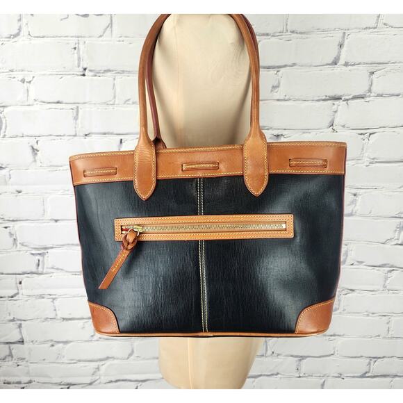 Dooney & Bourke Saffiano Tassel Bucket Tote Bag in black with tan trim - Picture 2 of 16